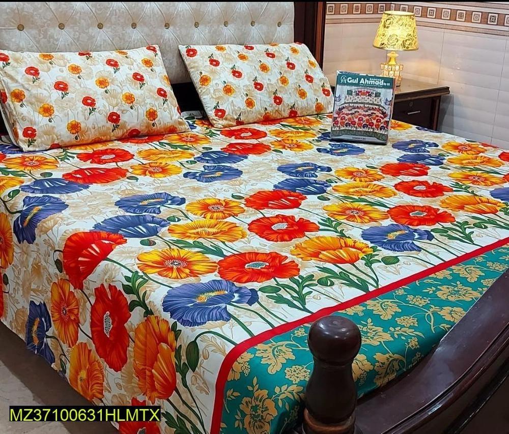 3 Pcs Cotton Mix Printed Double Bedsheet — printed bedsheet / cotton