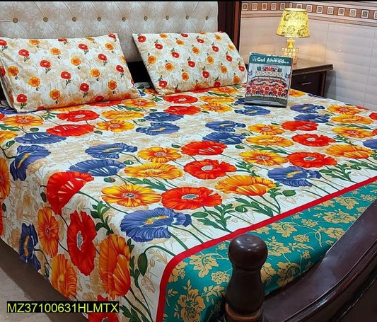 3 Pcs Cotton Mix Printed Double Bedsheet — printed bedsheet / cotton