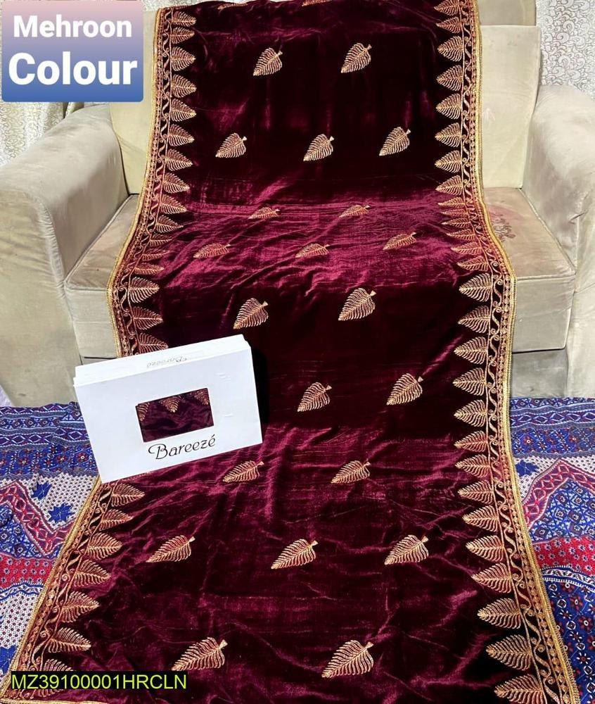 Women stitched embroidered velvet shawl — maroon